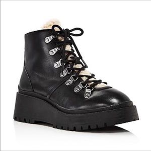 Aqua Miranda Black Leather Wedge Hiker Boots NWT